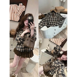 Áo caro nữ tay dài cổ bèo vintage phối nơ + chân váy ngắn xếp ly dáng chữ A