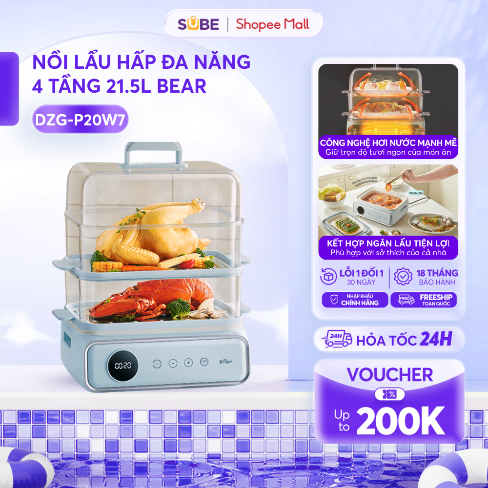 Nồi Hấp Bear 21.5L Nồi Hấp 3 Tầng Nồi Hấp Điện Máy Hấp Đồ Ăn Đa Năng Nồi Lẩu Hấp Điện Nồi Lẩu Hơi Kèm Hấp DZG-P20W7