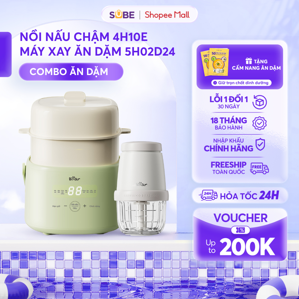 Combo Nồi Nấu Chậm Bear 1L 4H10E Và Máy Xay Đồ Ăn Dặm Cho Bé 0.3L 8 Lưỡi Bản Nâng Cấp 5H02D24