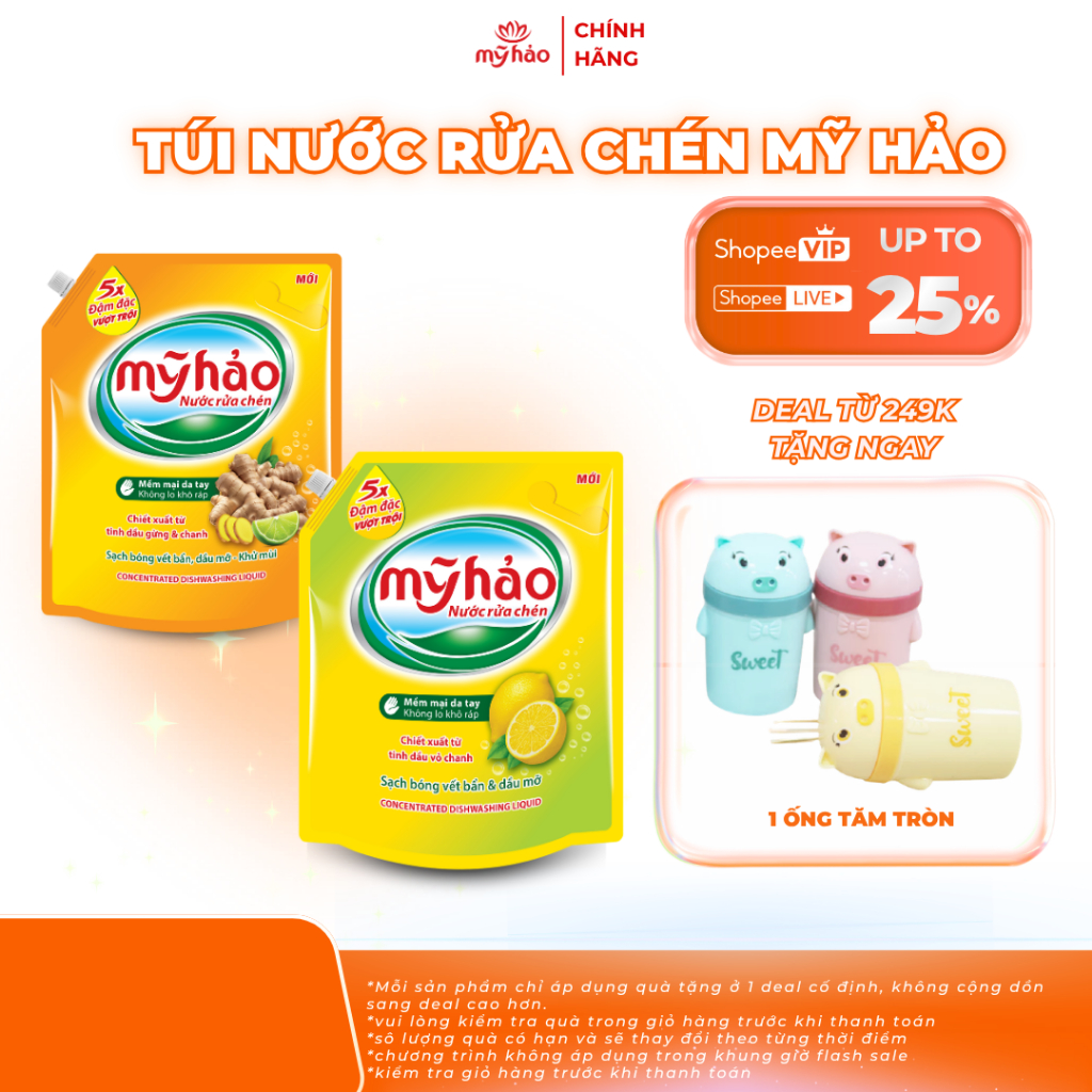 Nước Rửa Chén An Toàn Cho Da Và 5X Đậm Đặc Mỹ Hảo | Hương Gừng Và Hương Chanh Khử Sạch Mùi Tanh Thực Phẩm | Túi 3.3KG