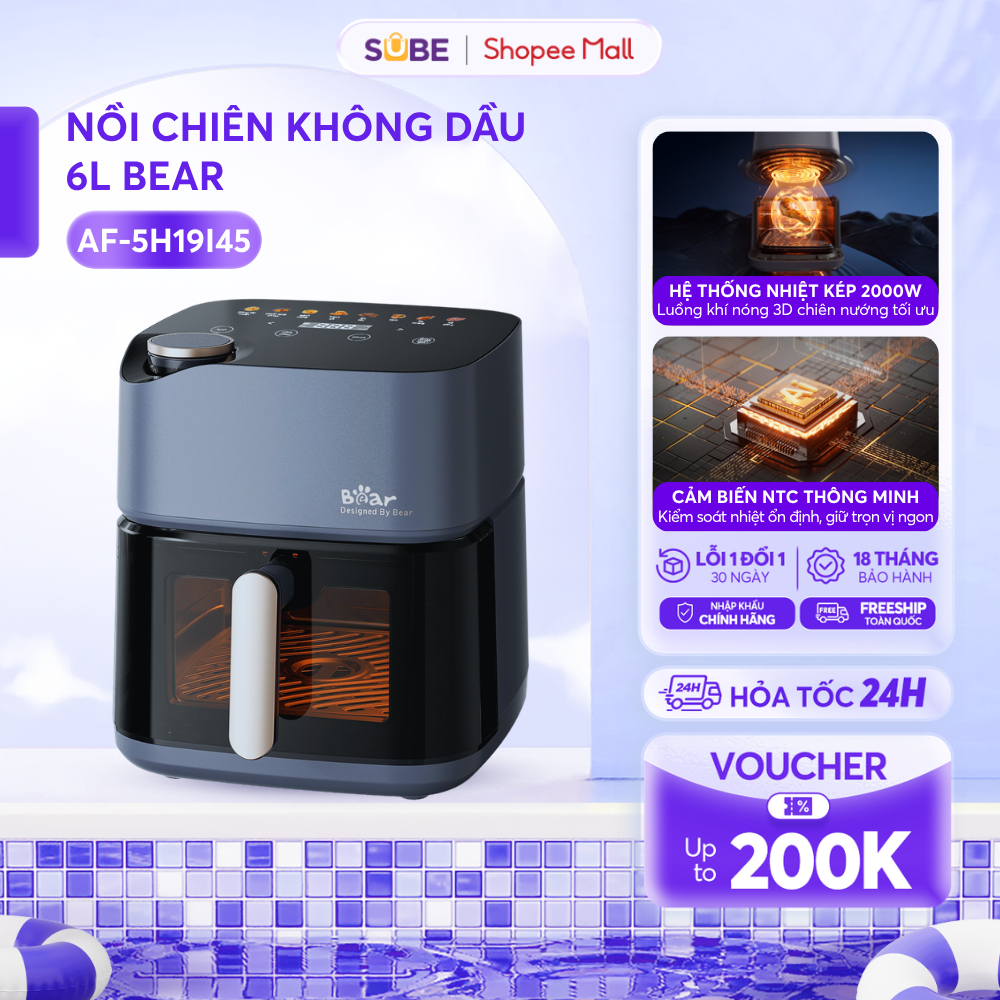 Nồi Chiên Không Dầu BEAR 6L, Nồi Chiên Hơi Nước Lò Chiên Không Dầu Chiên Nướng Hấp Đa Năng Không Dầu