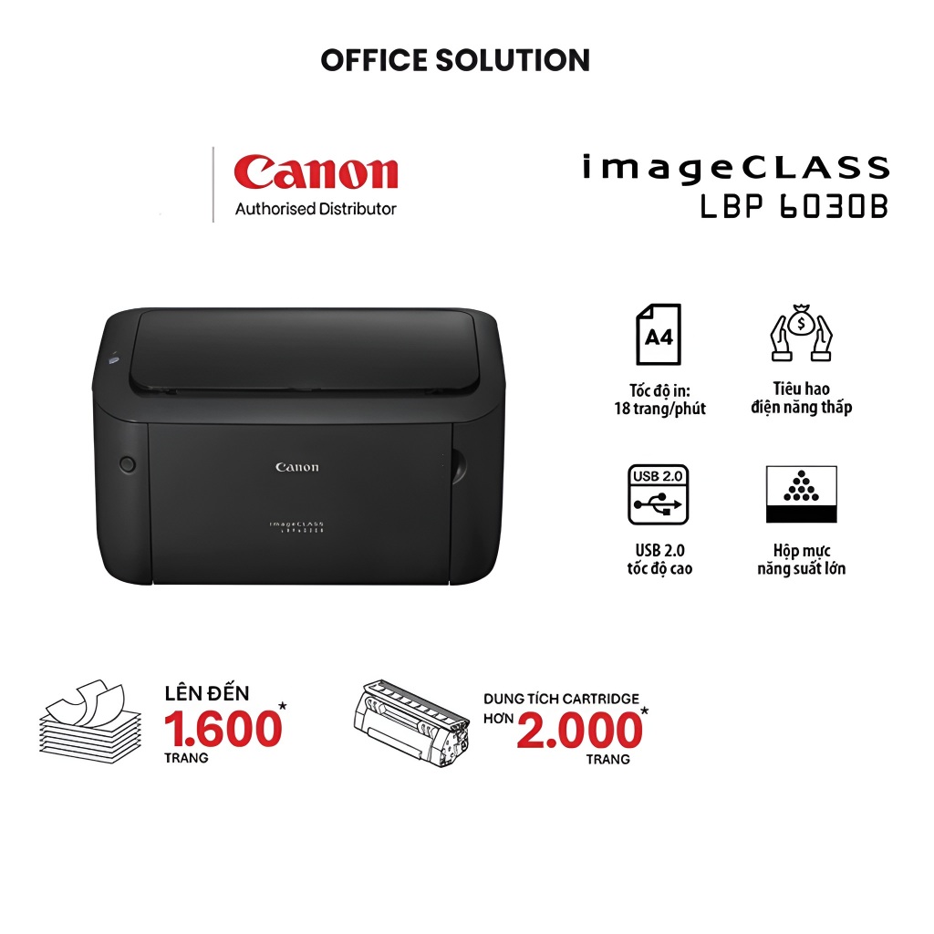Máy In Laser Canon LBP 6030B Đen Trắng - In Nhanh 18ppm, Nhỏ Gọn, Tiết Kiệm Mực - Hàng Chính Hãng