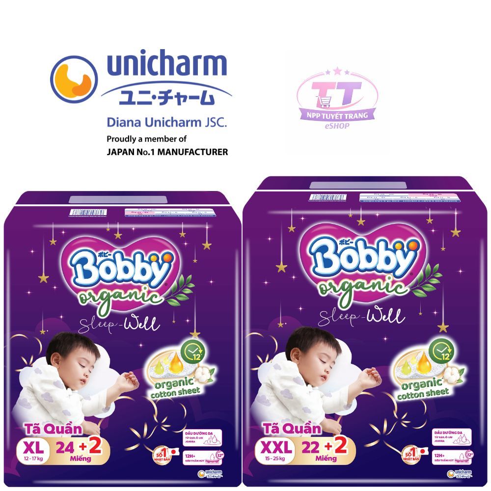 [CHÍNH HÃNG DIANA UNICHARM] Tã Quần Bobby Organic Sleepwell – Tã Quần Cao Cấp Ban Đêm - Dịu nhẹ, khô