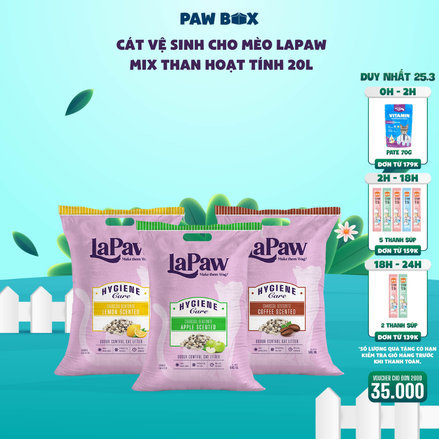 Cát vệ sinh cho mèo laPaw than hoạt tính siêu khử mùi và kháng khuẩn, vón cục tốt, thơm lâu 20L