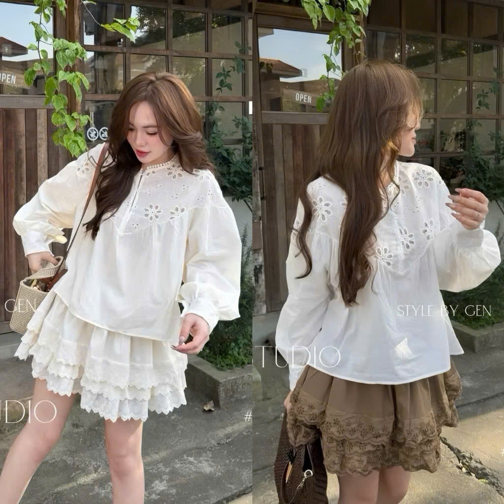 Áo babydool nữ tay dài form rộng thêu hoa vintage cổ tròn – Áo sơ mi nữ tiểu thư vải voan mềm nhẹ phong cách Hàn Quốc | BigBuy360 - bigbuy360.vn