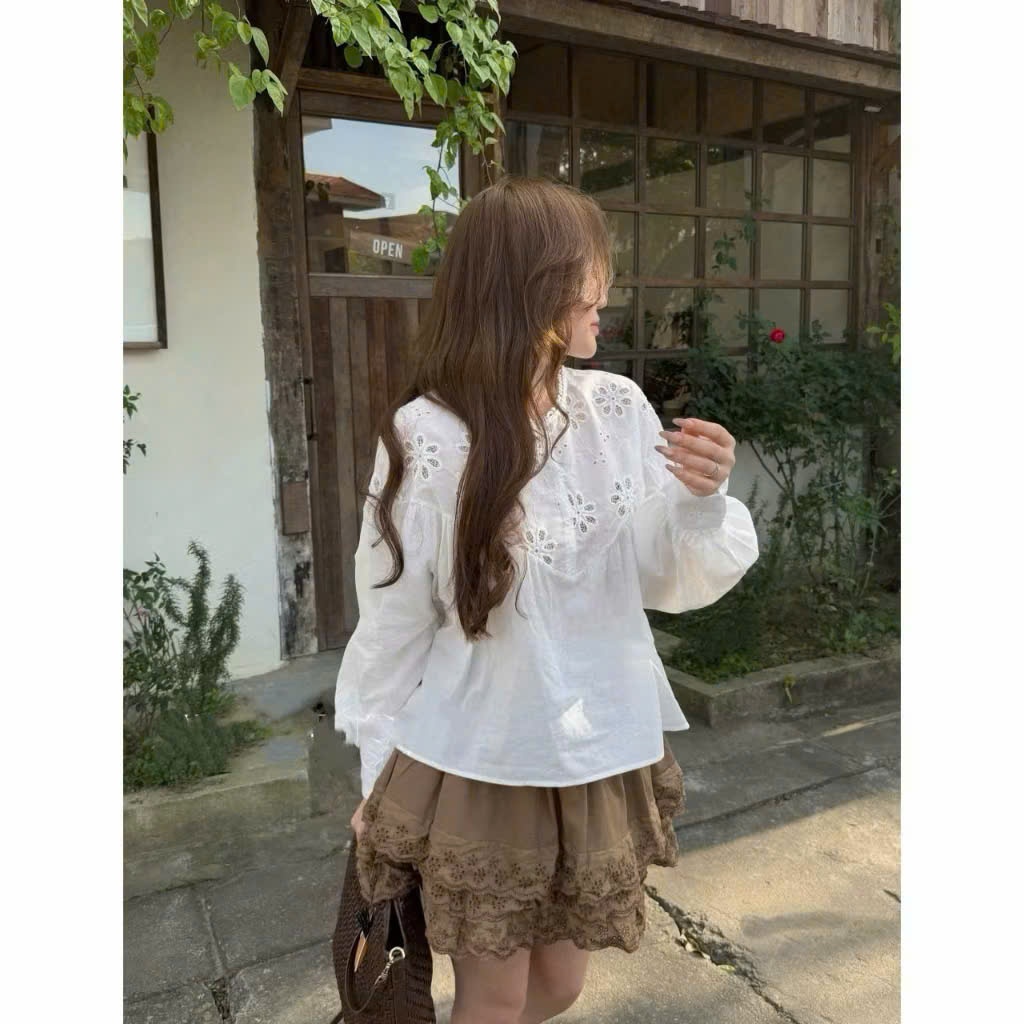 Áo babydool nữ tay dài form rộng thêu hoa vintage cổ tròn – Áo sơ mi nữ tiểu thư vải voan mềm nhẹ phong cách Hàn Quốc | BigBuy360 - bigbuy360.vn