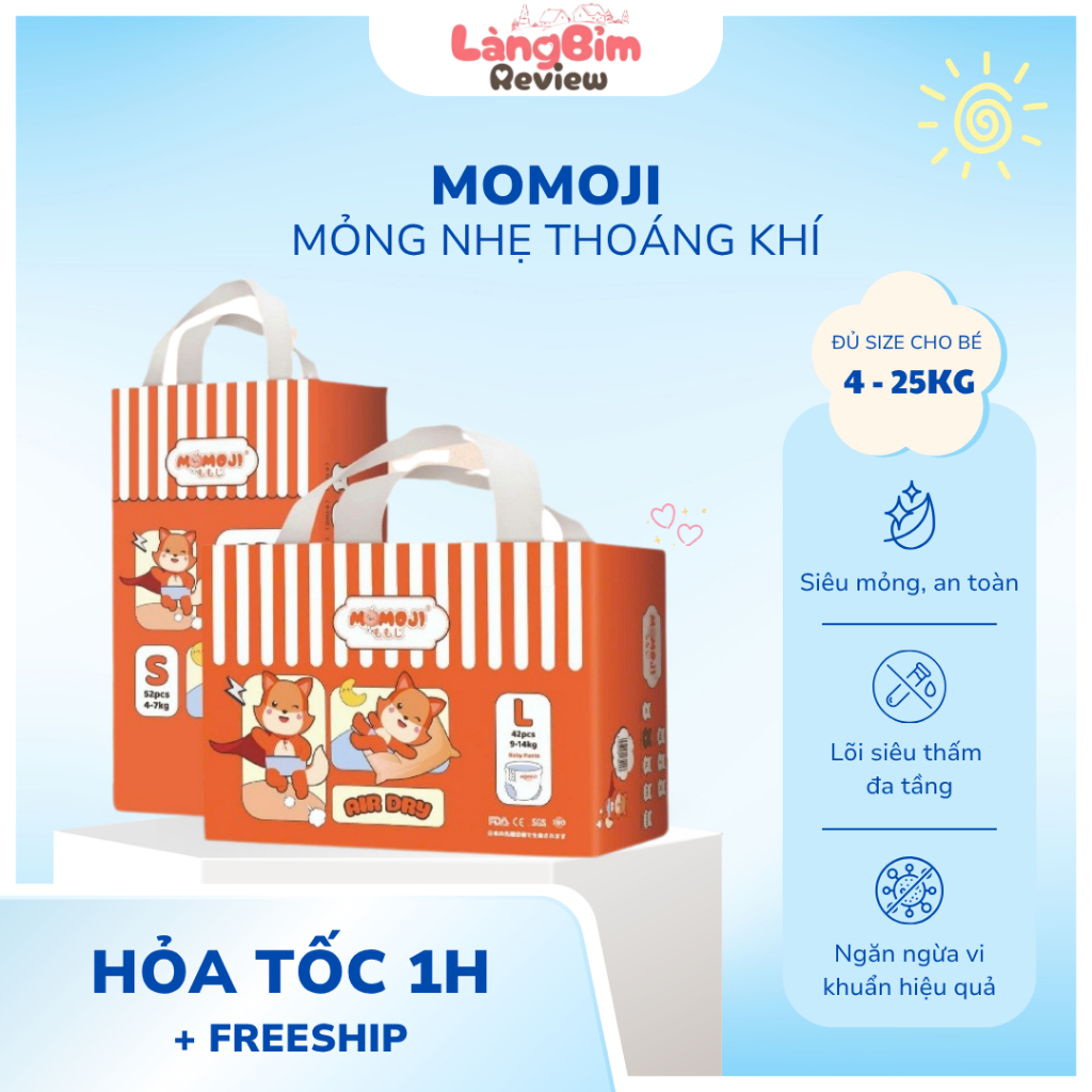 [Phiên Bản Mới] Tã Bỉm Quần Momoji Air Dry Êm Mềm, Siêu Khô Thoáng, An Toàn Cho Bé Đủ Size Cho Bé Từ