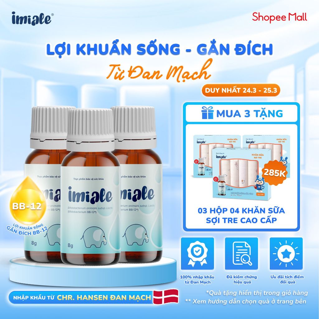 [Combo] 3 lọ Imiale - Lợi khuẩn sống, gắn đích từ Đan Mạch. Men vi sinh cho bé, cải thiện tiêu hóa, 
