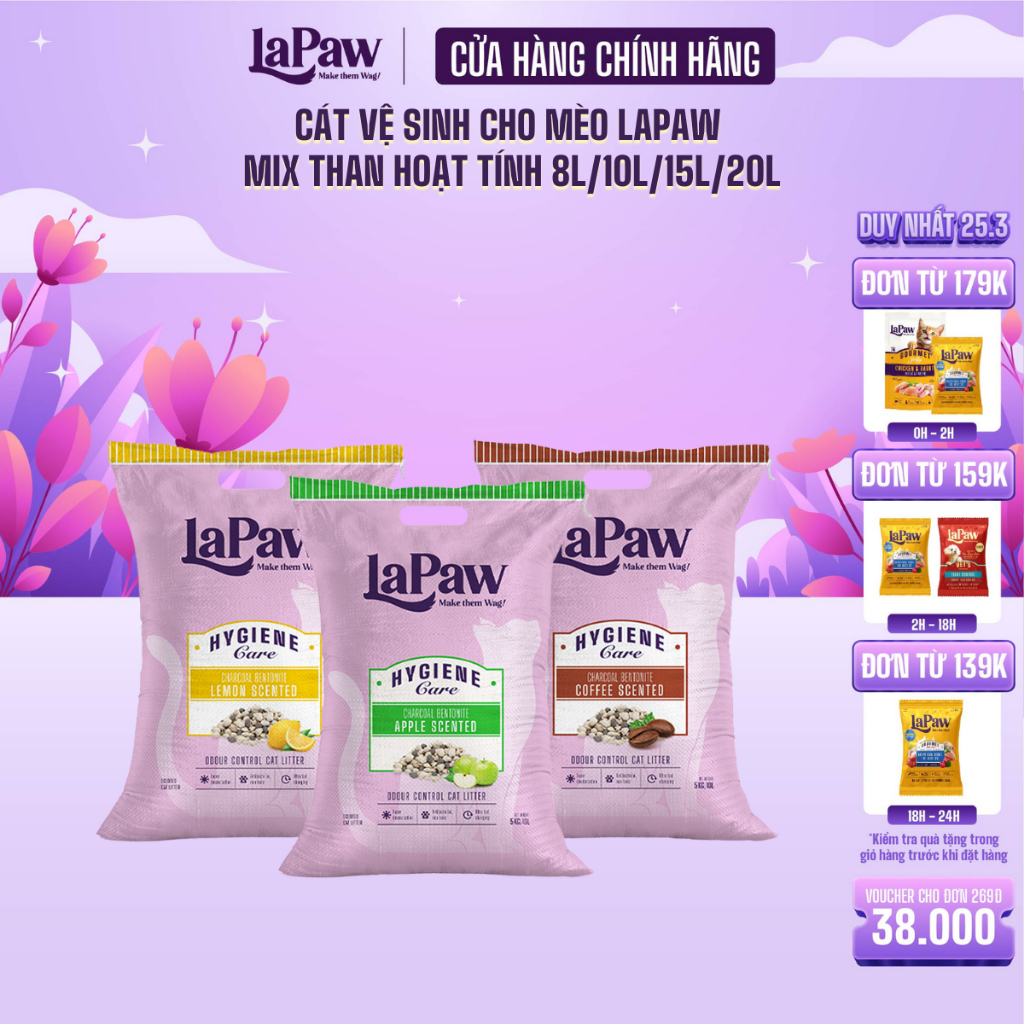 laPaw Cát vệ sinh cho mèo than hoạt tính cao cấp siêu vón cục, siêu khử mùi, thơm lâu, ít bụi 8L/10L/15L/20L