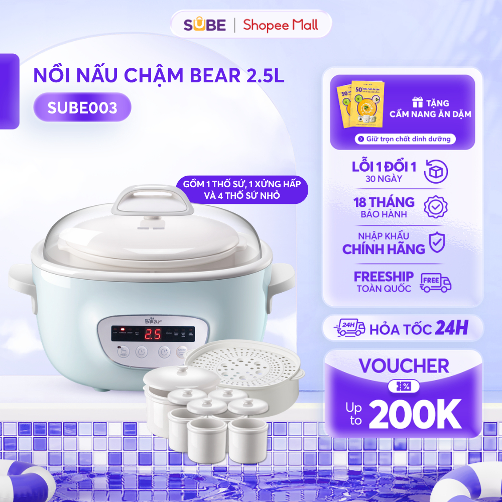 Nồi Nấu Chậm 2.5L BEAR Nồi Nấu Cháo Chậm Nấu Hầm Cháo Nồi Chưng Yến Bản Tiếng Việt Bảo Hành 18 Tháng - SUBE003
