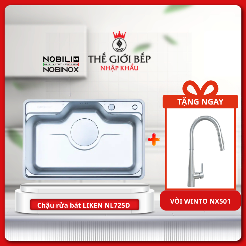[TẶNG VÒI] Chậu rửa bát NOBINOX LIKEN NL725D (80x50) - Thiết kế 1 hố sang trọng