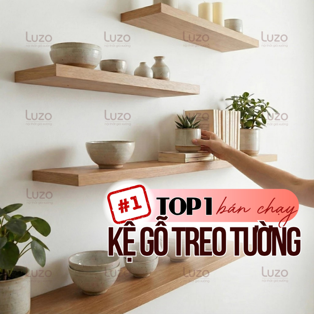 Kệ Gỗ Treo Tường Trang Trí Decor Phòng Khách Thanh Ngang - Tặng Kèm Phụ Kiện HCM
