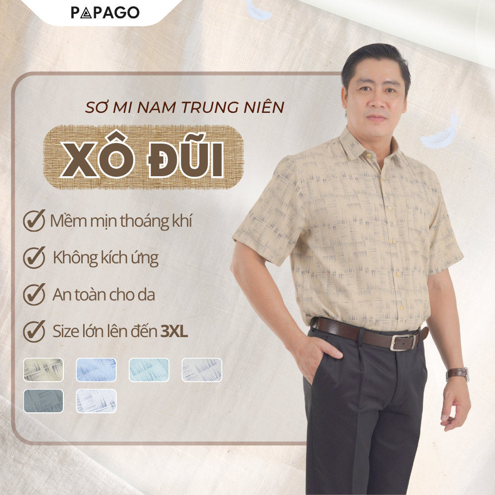 [HOT] Áo Sơ Mi Nam Trung Niên PAPAGO Vải Xô Đũi In Họa Tiết Tay Ngắn Lai Ngang - P25SNHT014