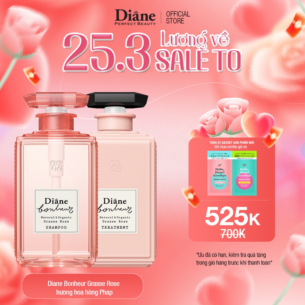 Dầu Gội Dầu Xả Phục Hồi Hư Tổn Dưỡng Tóc Chăm Sóc Tóc Diane Bonheur Grasse Rose 500ml*2