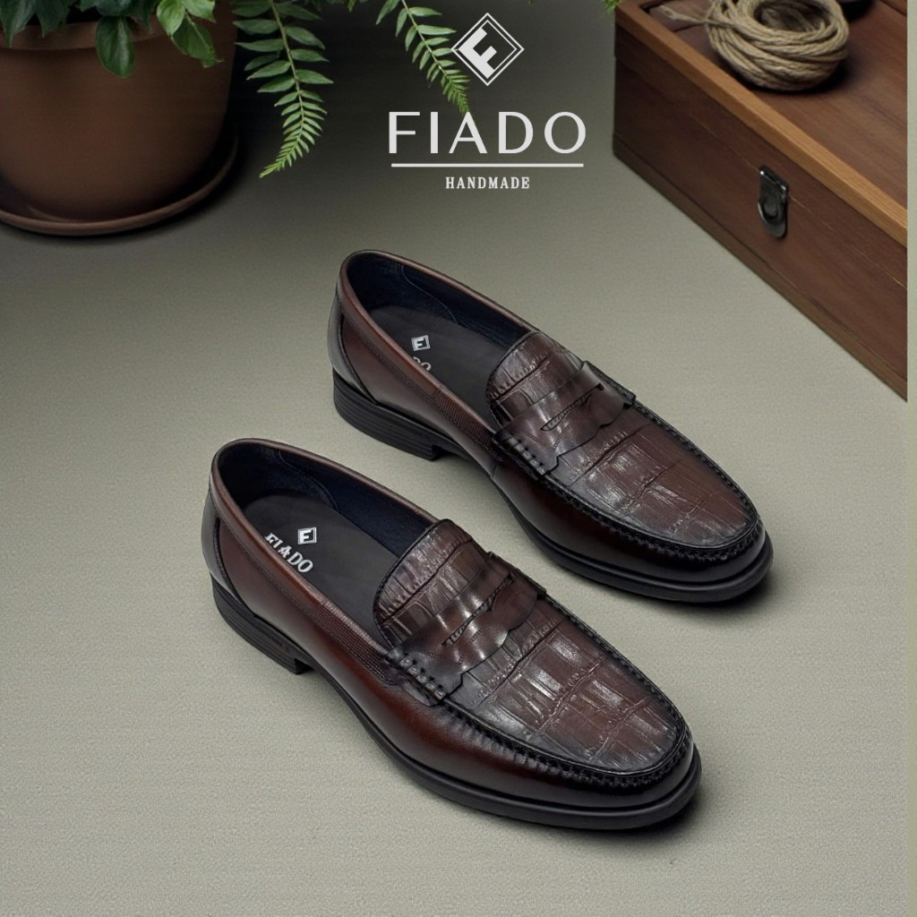 Giày tây nam công sở FIADO dáng lười đai ngang chất liệu da mờ phủ bóng cao cấp màu Nâu K2718-1