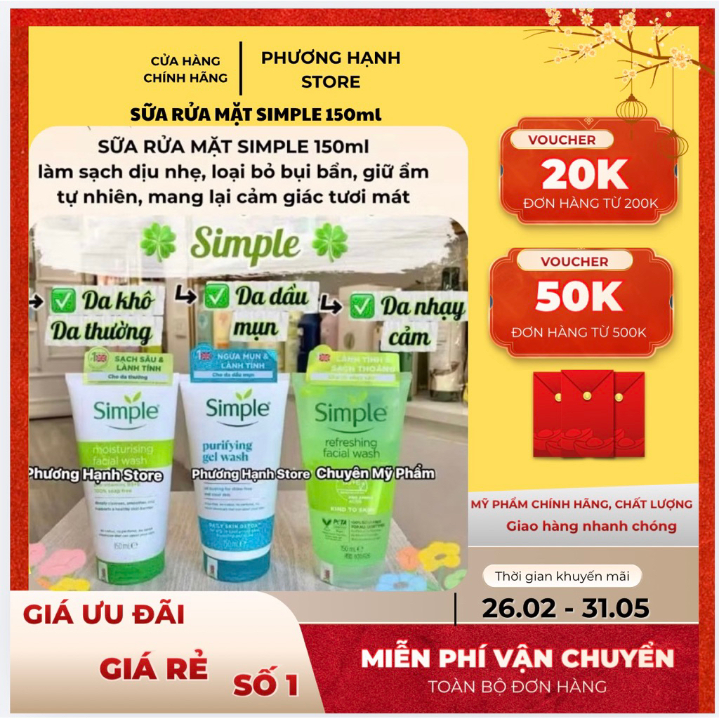 Sữa Rửa Mặt Simple 150ml Refreshing Facial Wash Chính Hãng – SRM Simple Cho Da Nhạy Cảm, Da Thường, 