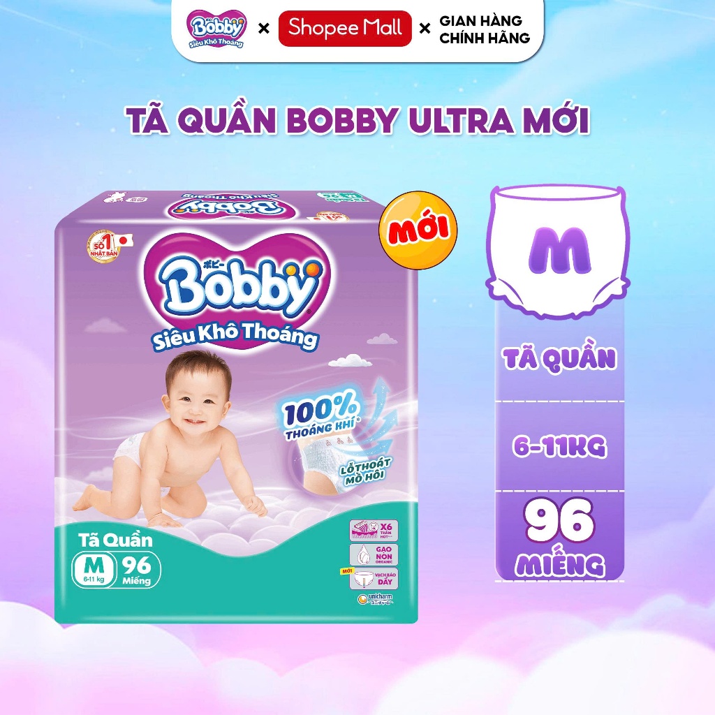 Tã quần Bobby Ultra Mẫu mới Siêu khô thoáng M96/L88/XL76/XXL70 cho bé thoải mái cả ngày