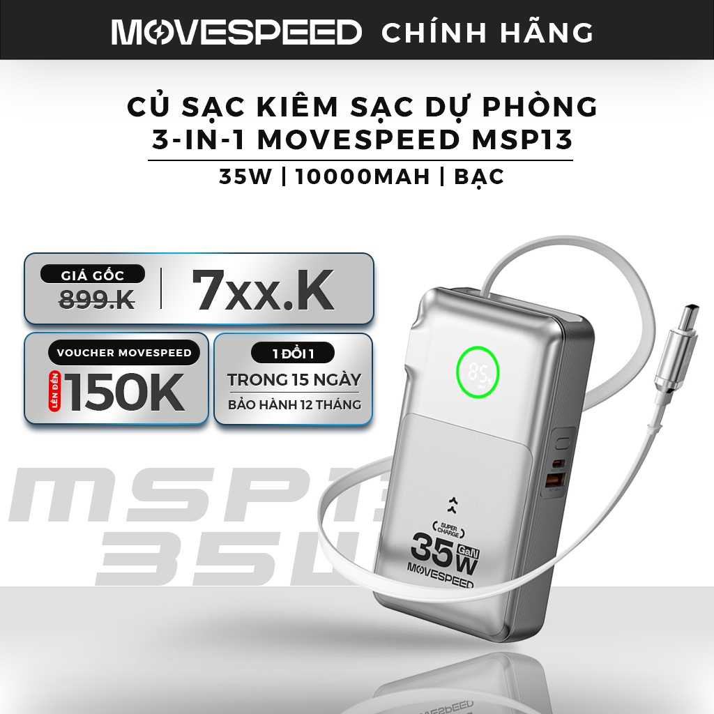 Củ sạc kiêm sạc dự phòng 3-in-1 Movespeed MSP13 | 35W | 10000mAh