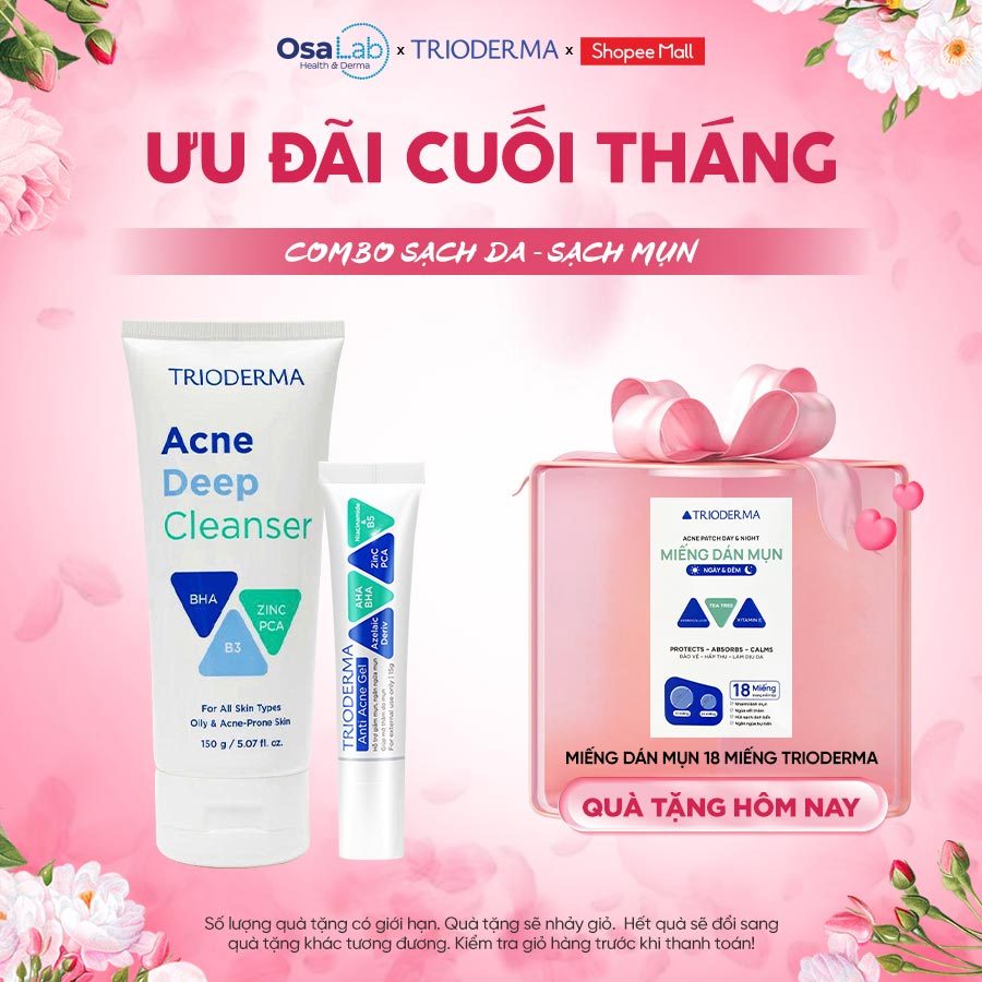 Combo Gel mụn Trioderma Anti Acne Gel 15g & Gel rửa mặt Acne Deep Cleanser 150g chính hãng