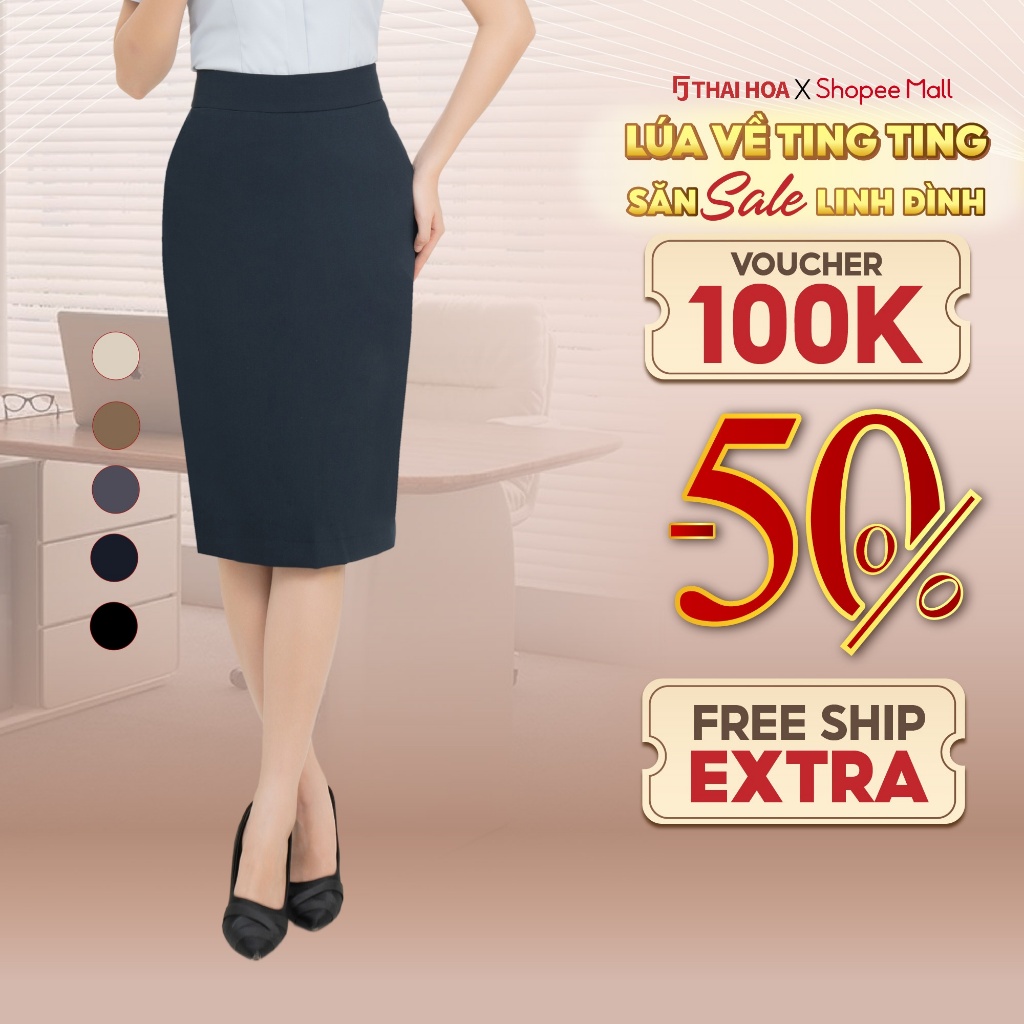 Chân váy nữ 24CVW-239 chất liệu gỗ sồi dáng bút chì túi đồng hồ nhiều màu Thái Hòa