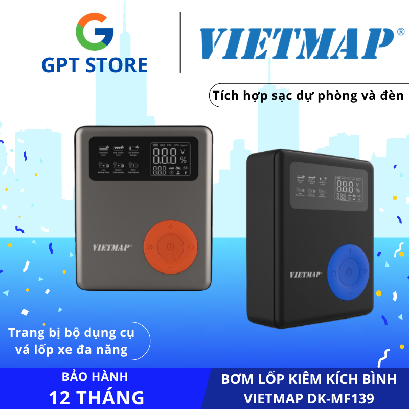 Bơm Lốp Kiêm Kích Bình Vietmap DK-MF139 Pro, Tích Hợp Sạc Dự Phòng, Bảo Hành 12 Tháng