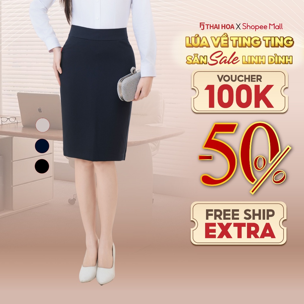 Chân váy nữ dáng ngắn 24CVW-258 chất liệu gỗ sồi dáng bút chì túi đồng hồ nhiều màu Thái Hòa