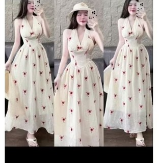 BIGSIZE 60-110KG  ĐẦM TƠ 2 LỚP IN HOA ÐO DÁNG DÀI