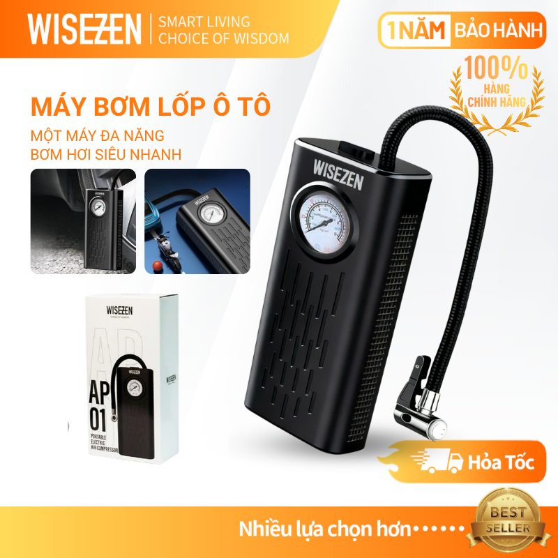 Bơm Lốp ô Tô điện Wisezen Thời Lượng Pin Dài Tự động Dừng Khi Bơm đầy Nhỏ Gọn Tiện Mang Theo Bơm Hơi