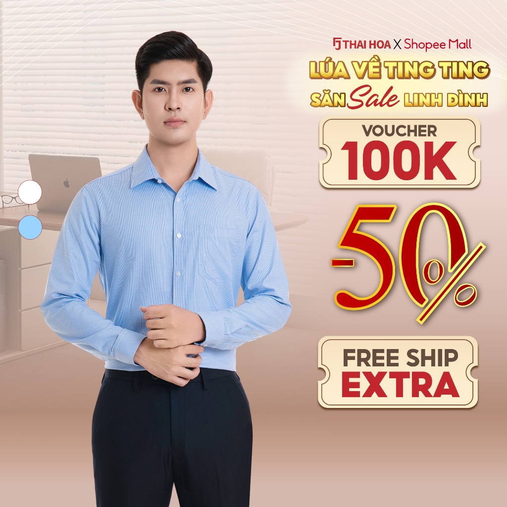 Áo sơ mi nam  23ASM-994 trung niên thiết kế dài tay 2 màu trắng xanh kẻ nhuyễn Thái Hoà