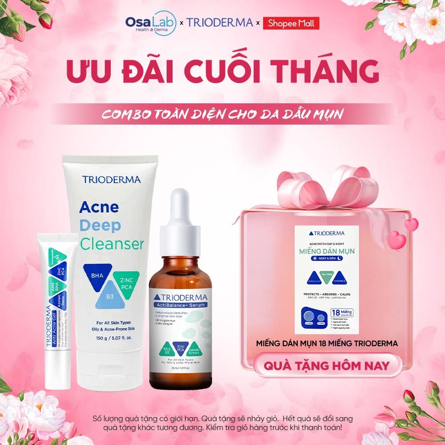 Bộ Trioderma 3 Món Chăm sóc Da mụn chuyên sâu giảm thâm ngừa viêm sáng da