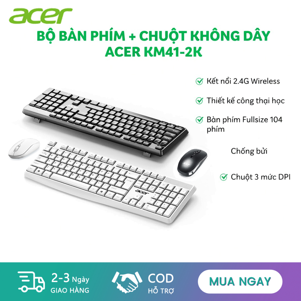 Acer KM41-2K Bộ bàn phím và chuột không dây Thời lượng pin dài, 104 phím, nhẹ và bền