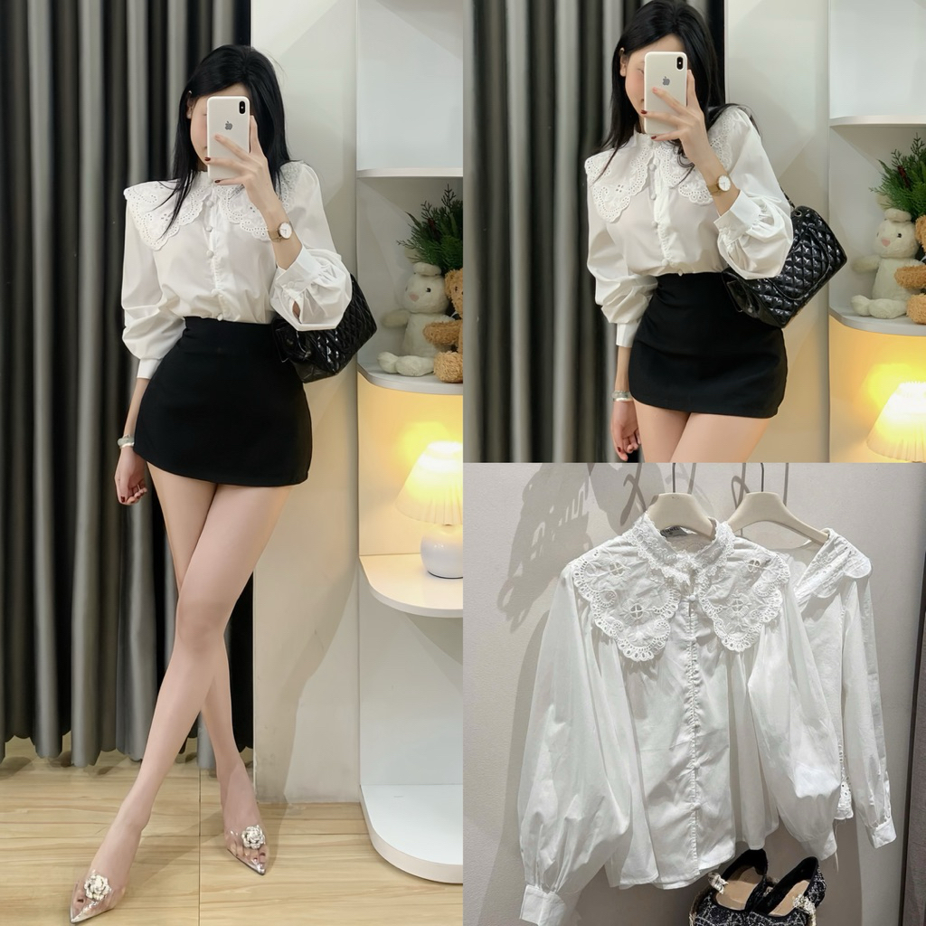 | Hta.boutique | Áo sơ mi nữ form rộng tay bồng cổ ren cúc bọc sang chảnh