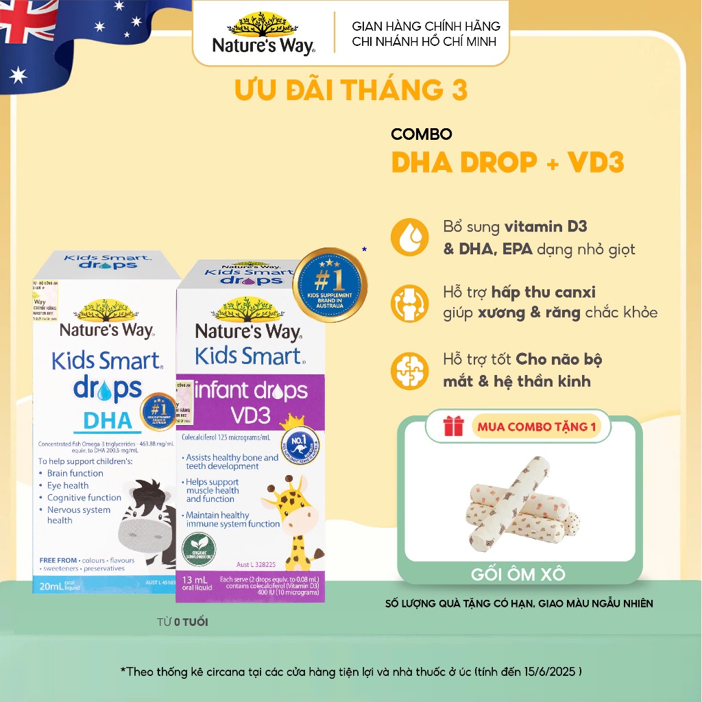 Combo 2 Siro Uống Nature's Way Kids Smart Drops DHA Và Infant Drops VD3 Bổ Sung Vitamin D Và Phát Tr