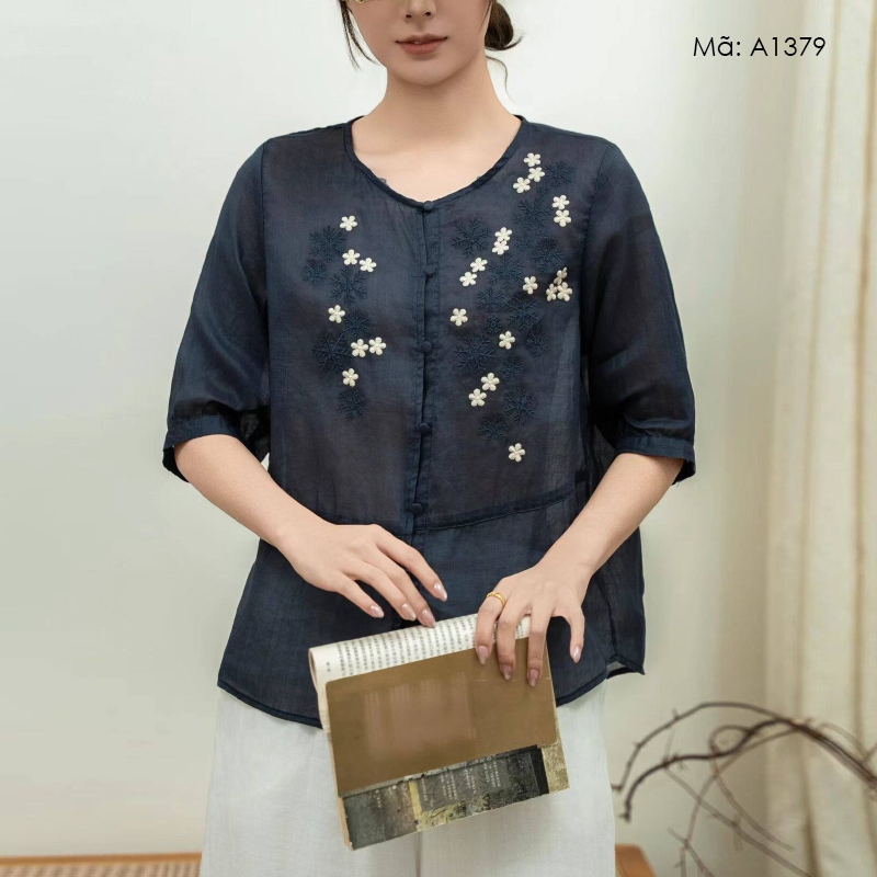 Áo sơ mi lien ngắn tay thêu hoa - A1379
