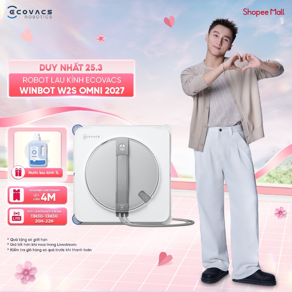 Robot lau kính Ecovacs Winbot W2S Omni 2027 - Trạm đa năng - Chống rơi an toàn