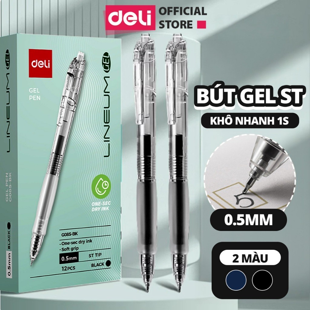 [🔥4K/1 BÚT] Combo 5/12 Bút Gel Bấm EG08S Deli Ngòi ST Khô Nhanh 1s Đệm Cao Su Êm Tay Viết Trơn Mượt Cho Học Sinh