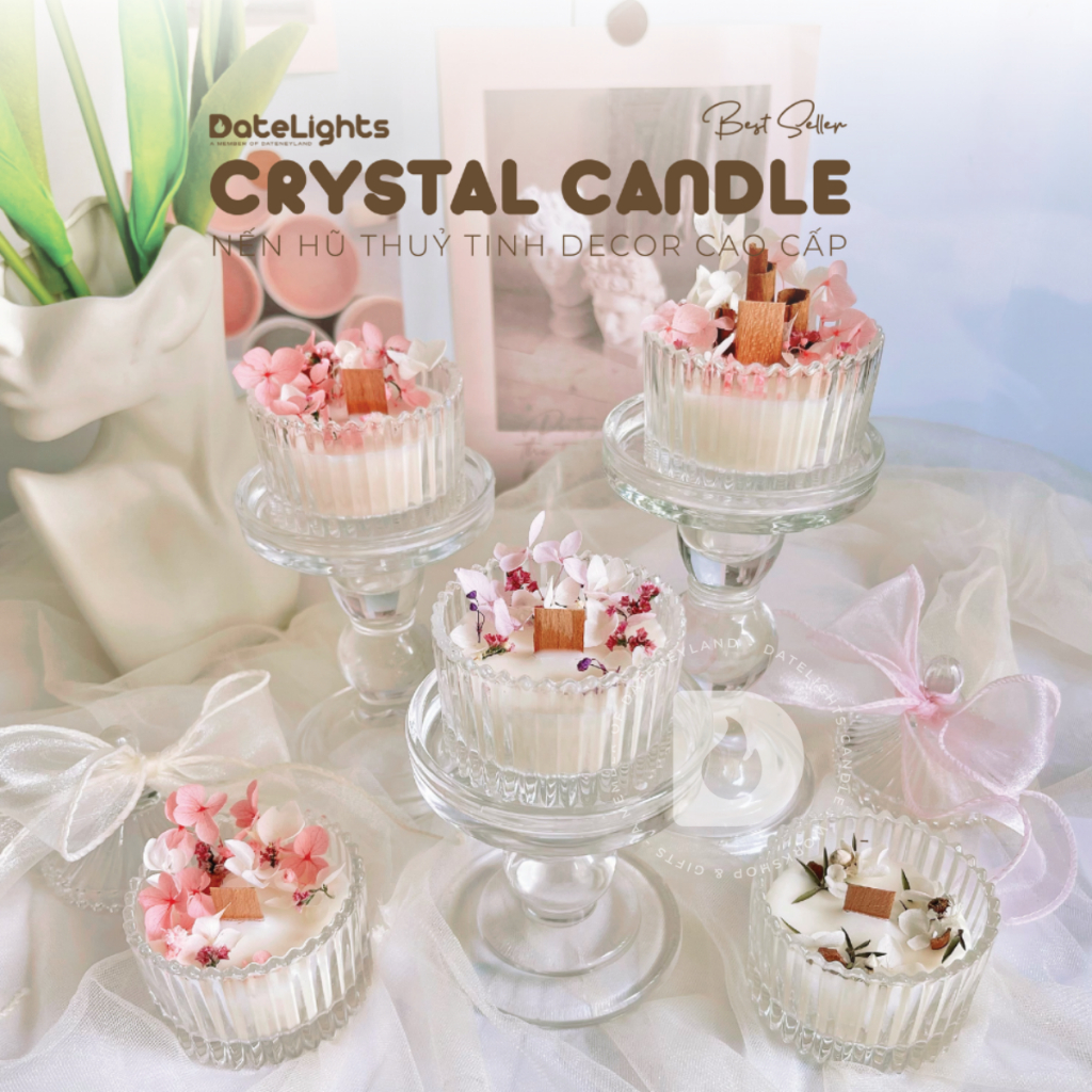 [Freeship] DATELIGHTS - Nến thơm Crystal Candle Pretty. Nến hũ thủy tinh decor hoa khô cao cấp trang
