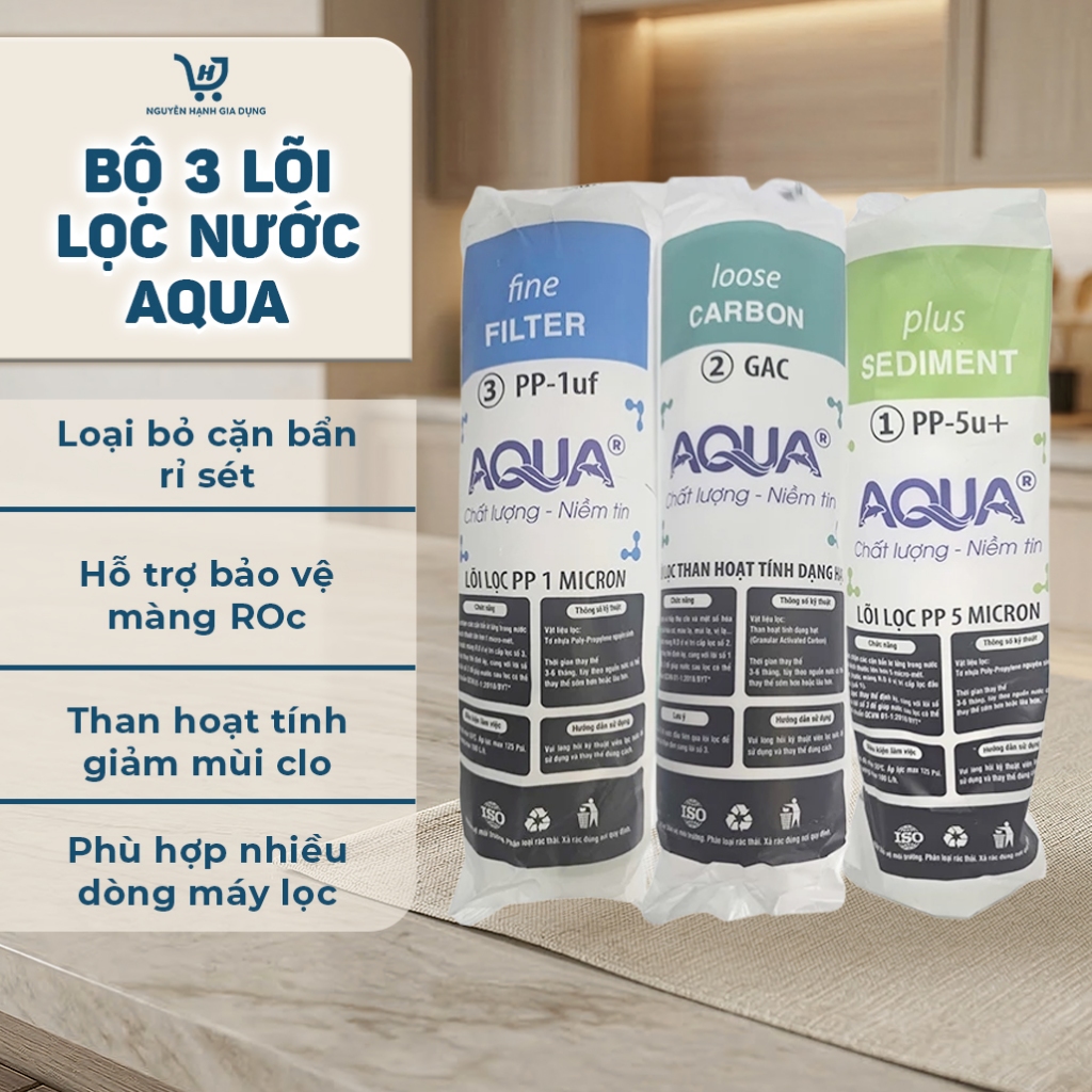 Bộ 3 Lõi Lọc Nước AQUA PP 5 Micron + Than Hoạt Tính GAC + PP 1 Micron – Lõi Lọc Thô Cho Máy Lọc Nước