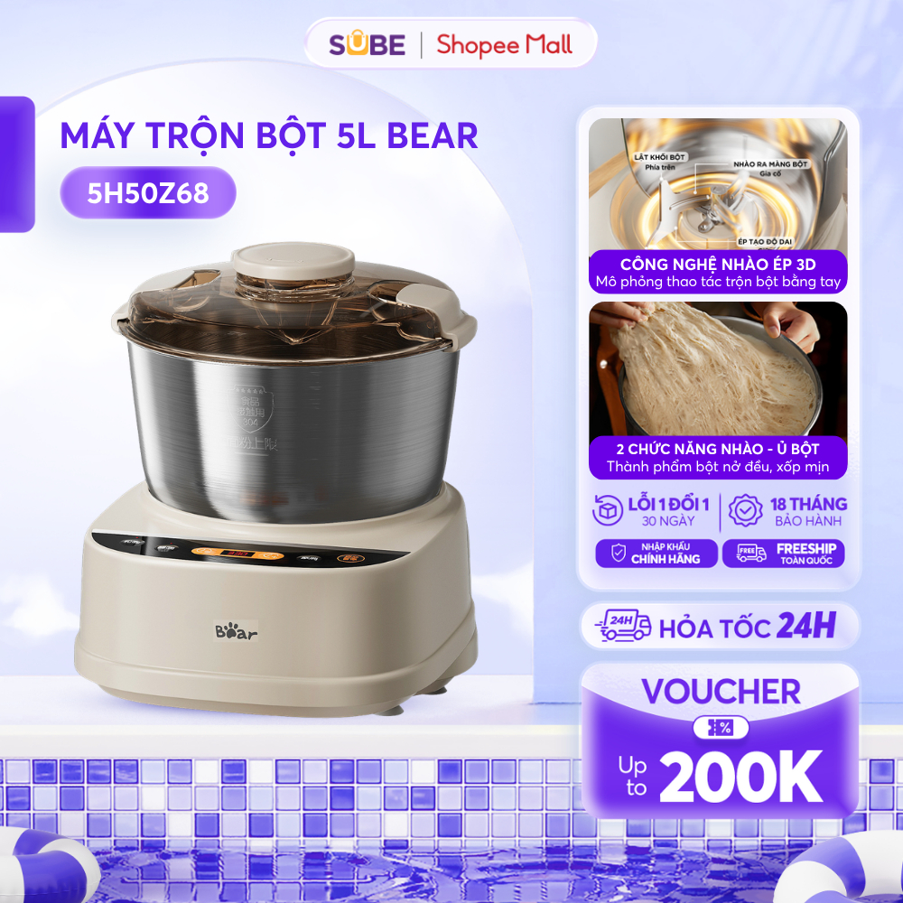 Máy Trộn Bột Bear 5L Inox 304 Ủ Bột Nhào Bột Nhồi Bột Công Suất Lớn Chống Dính Trộn Bột Làm Bánh 5L 