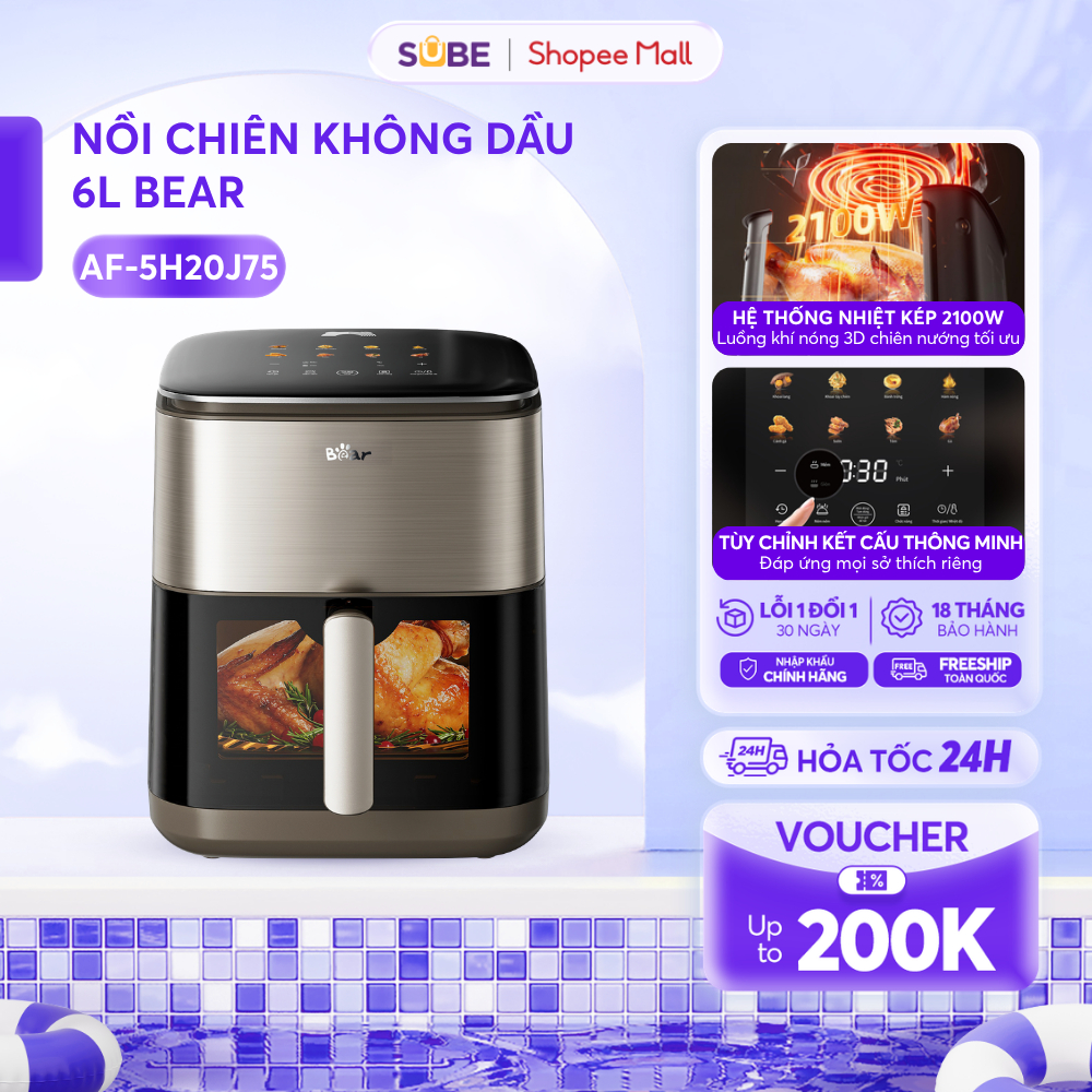 Nồi Chiên Không Dầu Bear 6L Lò Nướng Nồi Chiên Hơi Nước Nồi Chiên Lò Chiên Không Dầu Hấp Nướng Bánh 