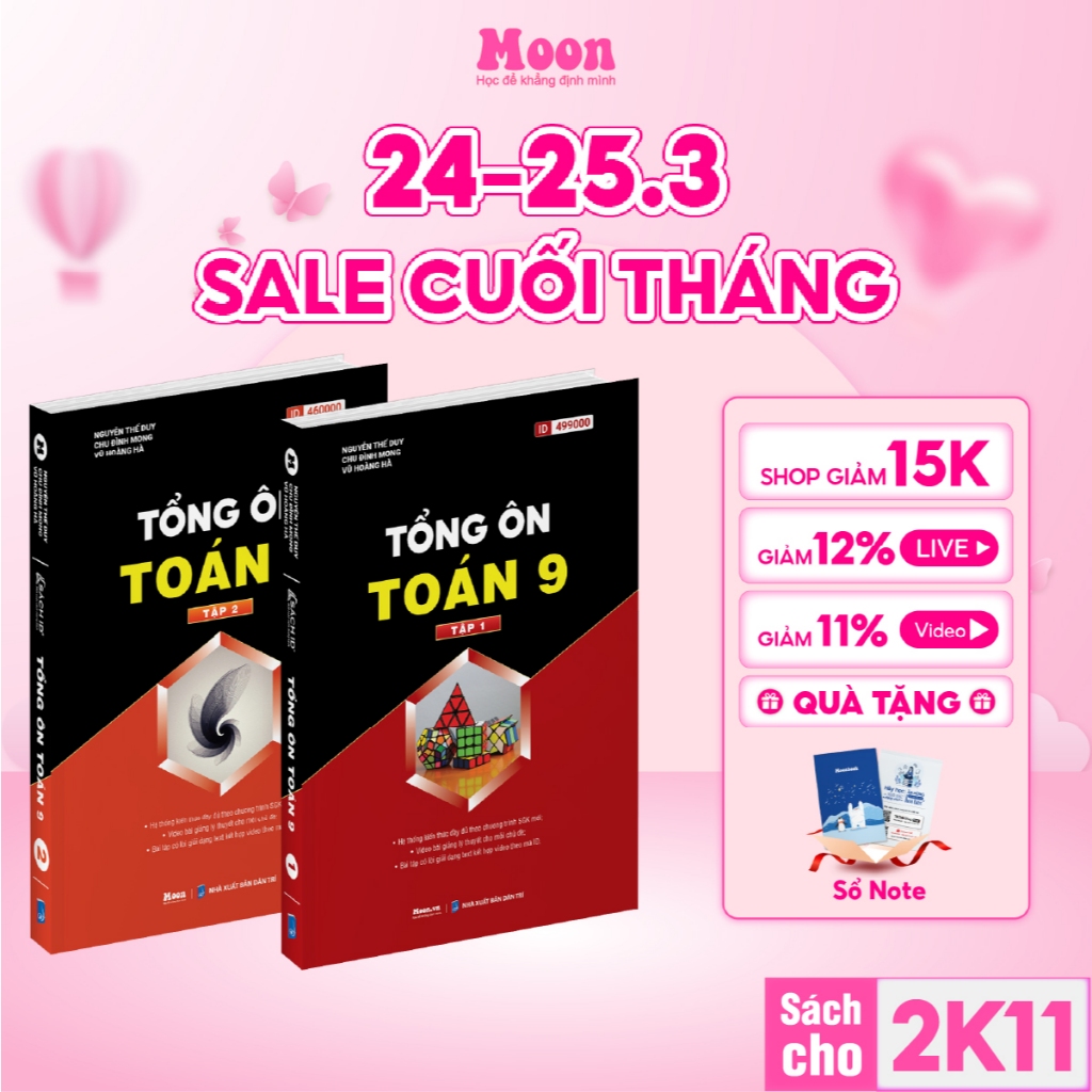 Sách tổng ôn Toán 9 tập 1 & 2 Chương trình mới : Sách toán 9 ôn thi vào 10 - Moonbook