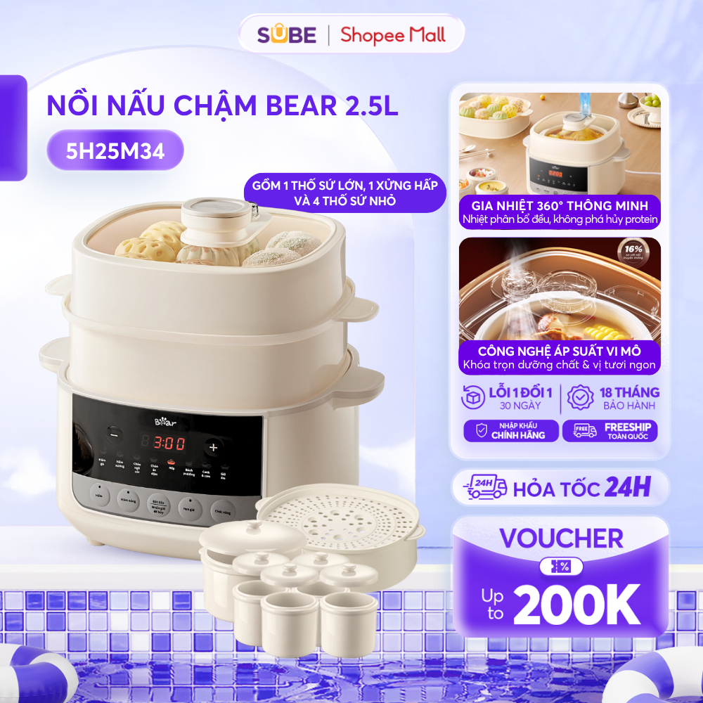 Nồi Nấu Chậm BEAR 2.5L Có Xửng Hấp 8 Chế Độ Nấu Hầm Hấp Nấu Chậm Cho Bé Giữ Trọn Dinh Dưỡng SC-5H25M