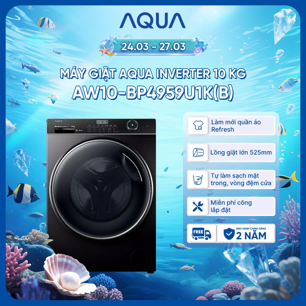 Máy giặt Aqua Inverter 10 kg AW10-BP4959U1K(B) - Máy giặt cửa trước - Bảo hành 2 năm - Freeship toàn quốc