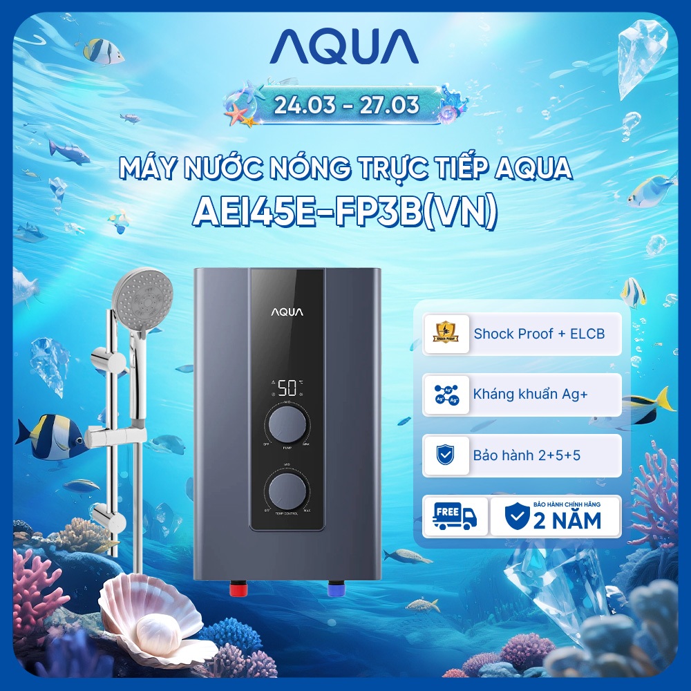 Máy nước nóng trực tiếp Aqua AEI45E-FP3B(VN) - Chống giật chủ động Shock Proof - Freeship toàn quốc - Bảo hành 2 năm