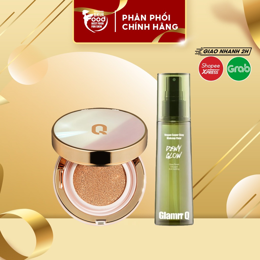 Combo Glamrr Q 2 sản phẩm Phấn nước Glamrr Q Vegan Super Cover Cushion/Xịt khóa nền Glamrr Q Vegan S