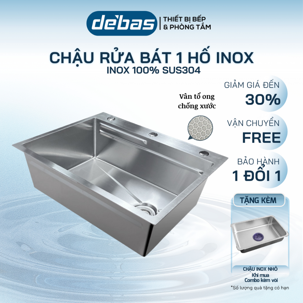 Chậu Rửa Bát Khay Trượt 1 Hố DEBAS Inox 304 Lắp Âm Dương 68x46 78x46 82x46 Kèm Xi Phông