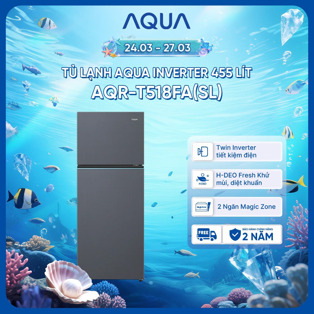 [SẢN PHẨM MỚI] Tủ lạnh ngăn dông trên AQUA Inverter 455 lit AQR-T518FA(SL) - Freeship toàn quốc - Bảo hành 2 năm