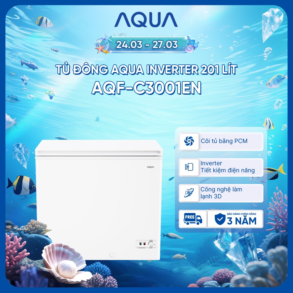 [SẢN PHẨM MỚI 2025] Tủ đông Inverter AQUA 201 lít AQF-C3001EN - Làm lạnh 3D - Dàn lạnh 5 chiều - 1 ngăn đông - Freeship
