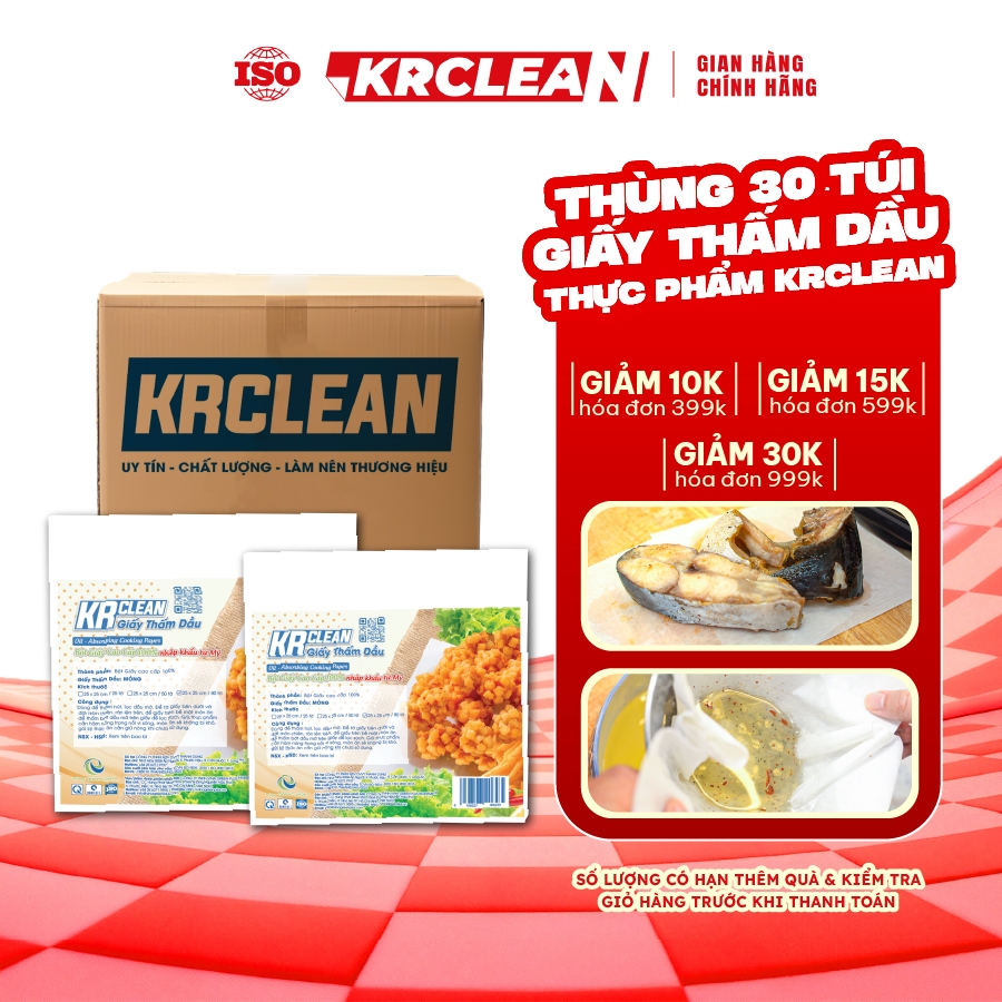 Thùng 30 bịch giấy thấm dầu thực phẩm KRCLEAN 15x20/25x25cm - giấy thấm hút dầu mỡ thức ăn, đồ chiên