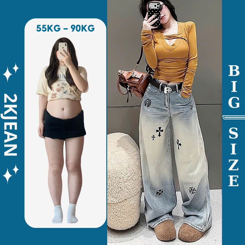 Quần suông ống rộng jean nữ thêu hình Bigsize 55-90kg, kiểu form ống rộng thêu hàng QC 2KJeans QC255 | BigBuy360 - bigbuy360.vn